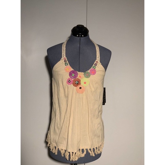 Rampage Halter Top Relaxed Embellished Cotton Gauze Sandstone Size Medium NWT - Picture 1 of 4
